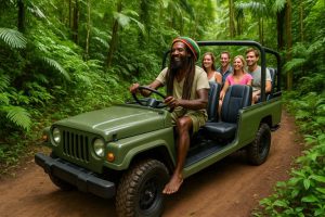a barefoot rasta (or noble savage) taking 4 tourist on a jungle safari in a green jeep