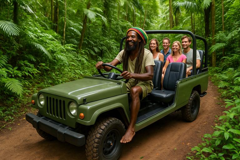a barefoot rasta (or noble savage) taking 4 tourist on a jungle safari in a green jeep