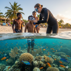children standing on a beach getting ready to go snorkeling