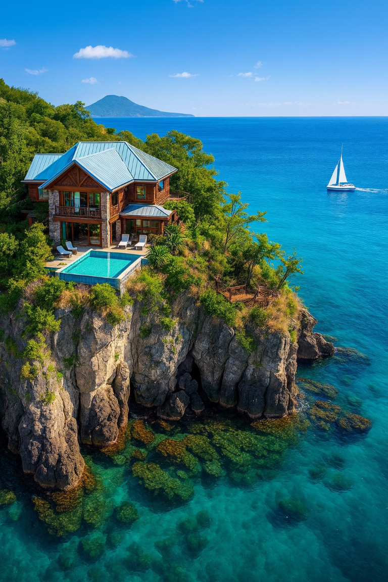 secret bay dominica. villa on a cliff overlooking the Caribbean Sea