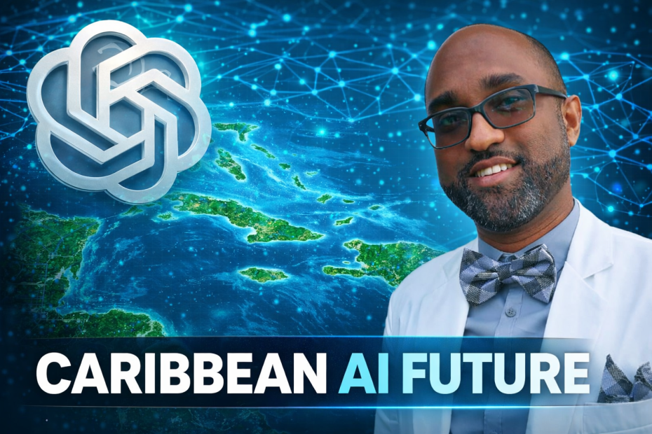 Graphic of the Caribbean with an AI network and a man in glasses, representing Trinidad and Tobago's AI future.